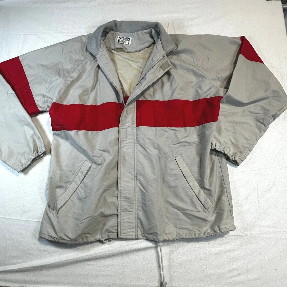 Vintage Fide Ports Mens XL Windbreaker Jacket Grey Red Colorblock Full Zip Core